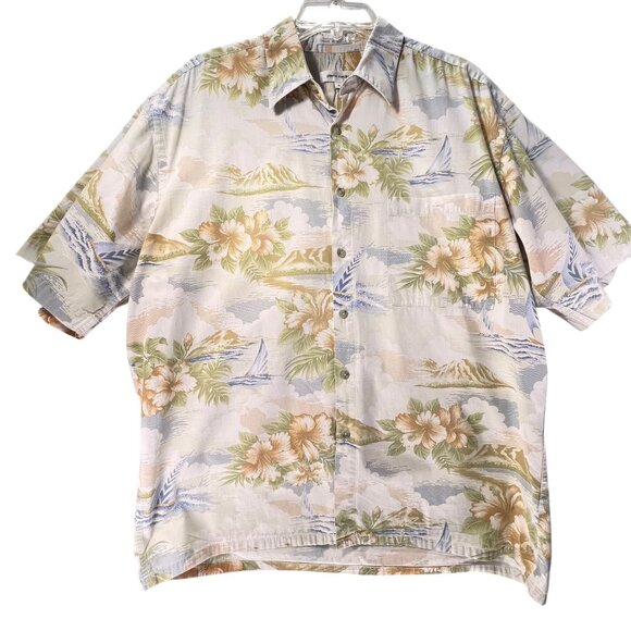Vtg Pierre Cardin Mens Hawaiian Button Up Shirt L Cotton Floral Sailboat Tropics - Picture 2 of 10